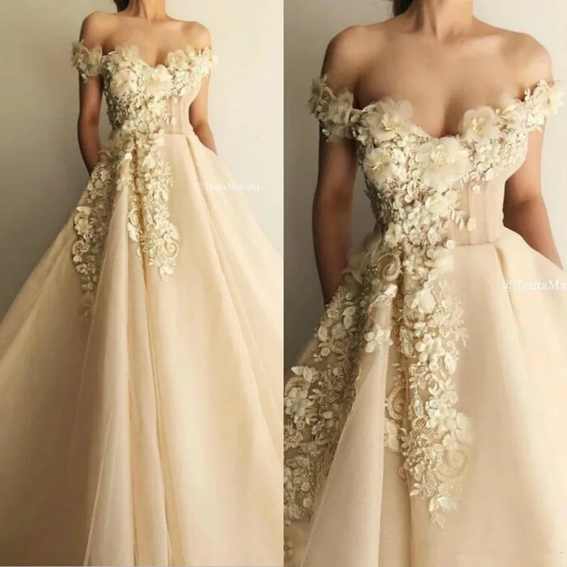 

Champagne Fairy Prom Dresses Lace 3D Floral Appliqued Off The Shoulder Slit A Line Evening Gowns Floor Length