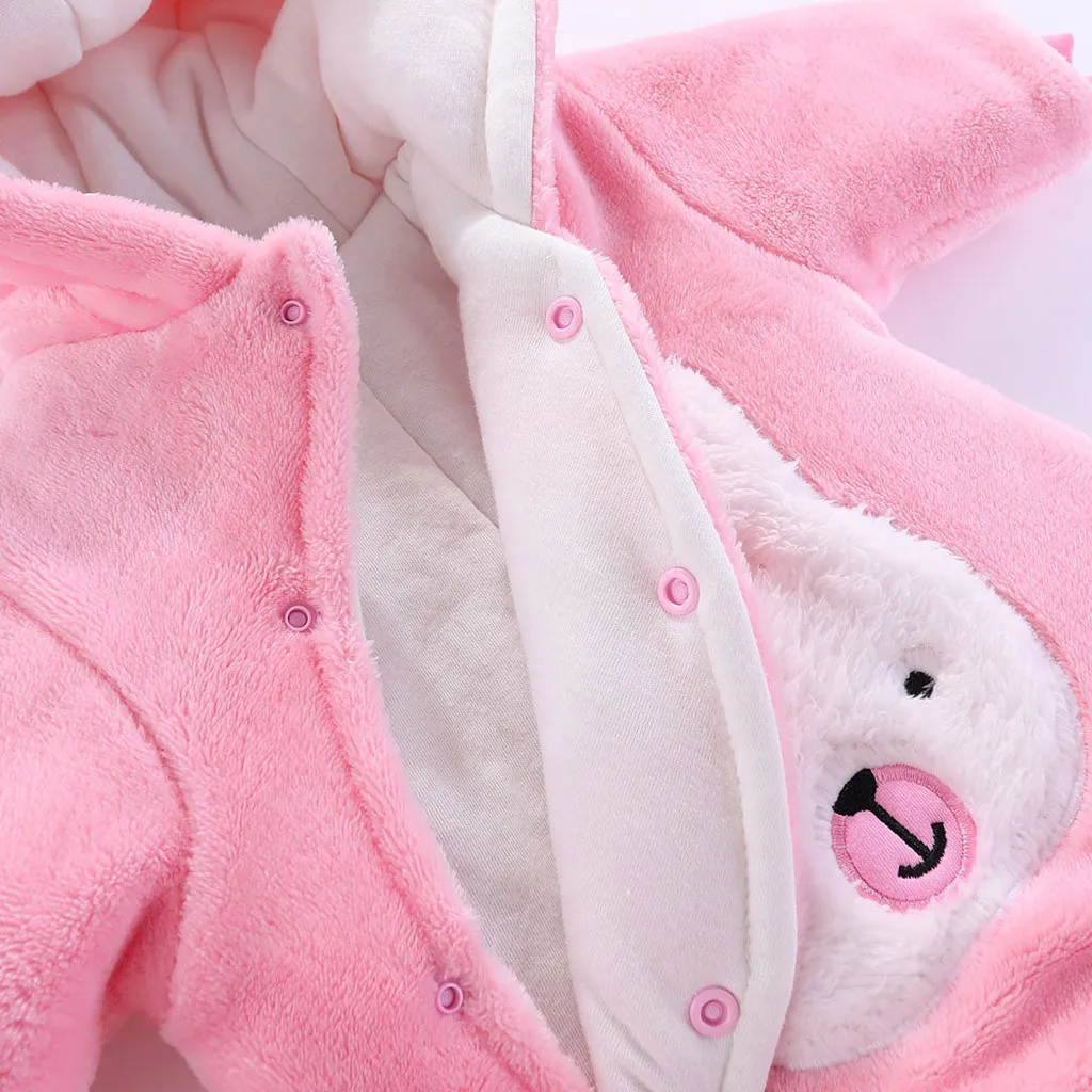 Комбинезон с длинными рукавами для новорожденных мальчиков и девочек, зимний флисовый утепленный комбинезон с капюшоном и рисунком медведя для малышей