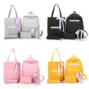 

4pcs Women Ribbons Canvas Backpack School Daypack Schoolbag for Teenagers Girls Shoulder Bag Student Pencil Case Purse Set
