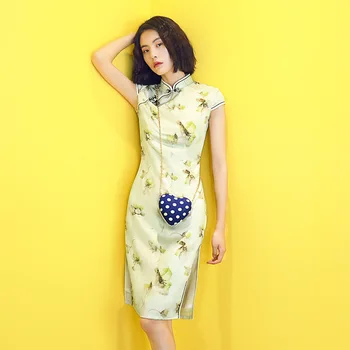 

Mandarin Collar Sexy Knee Length Dress Chinese Traditional Style Cheongsam Elegant Women' s Handmade Button Dress Size S-XXXL