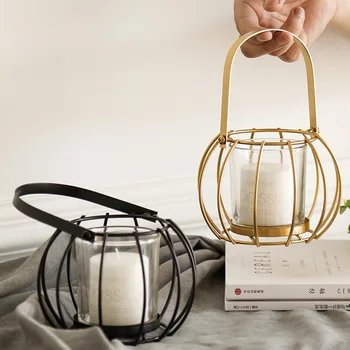 

Nordic Light Luxury Wrought Iron Pumpkin Horse Lamp Candle Holder Decoration Retro Simple Glass Living Room Tabletop Decorations