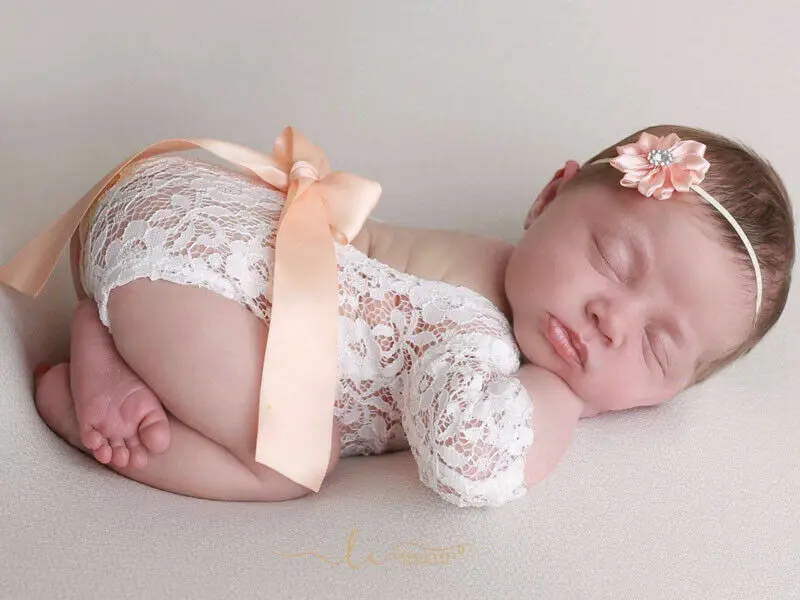 2020 Newborn Baby Photography Photo Prop White Lace Girl Baby Romper Long Sleeve Bow Hairband 2PCS Set baby costume Clothing