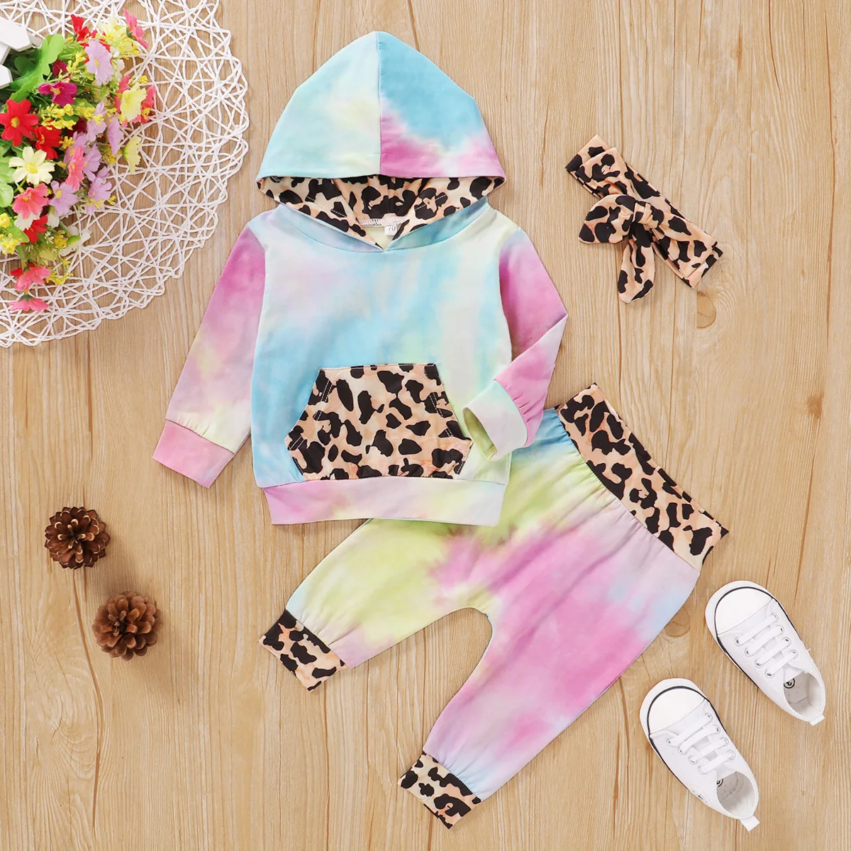 

Pudcoco Newborn Baby Girl Clothes Autumn Tie-Dye Hooded Long-Sleeves Pullover Leopard Print Loose Trousers Bow Headband 3Pcs Set