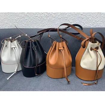 

New Cowhide Balloon Bag Drawstring Bucket Bag 2020 New Brand Design Lady Shoulder Bag Canvas stitching Unique Female Handbags