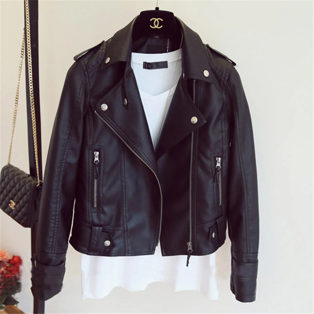 

New Female 2019 New Design Spring Autumn PU Leather Jacket Faux Soft Leather Coat Slim Black Rivet Zipper Motorcycle Jackets