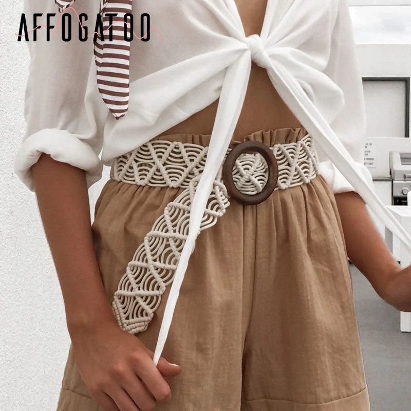 

Affogatoo Casual bohemian Knitted wide belt women hollow out woven waistband ladies sashes Summer beach style dress cummerbunds