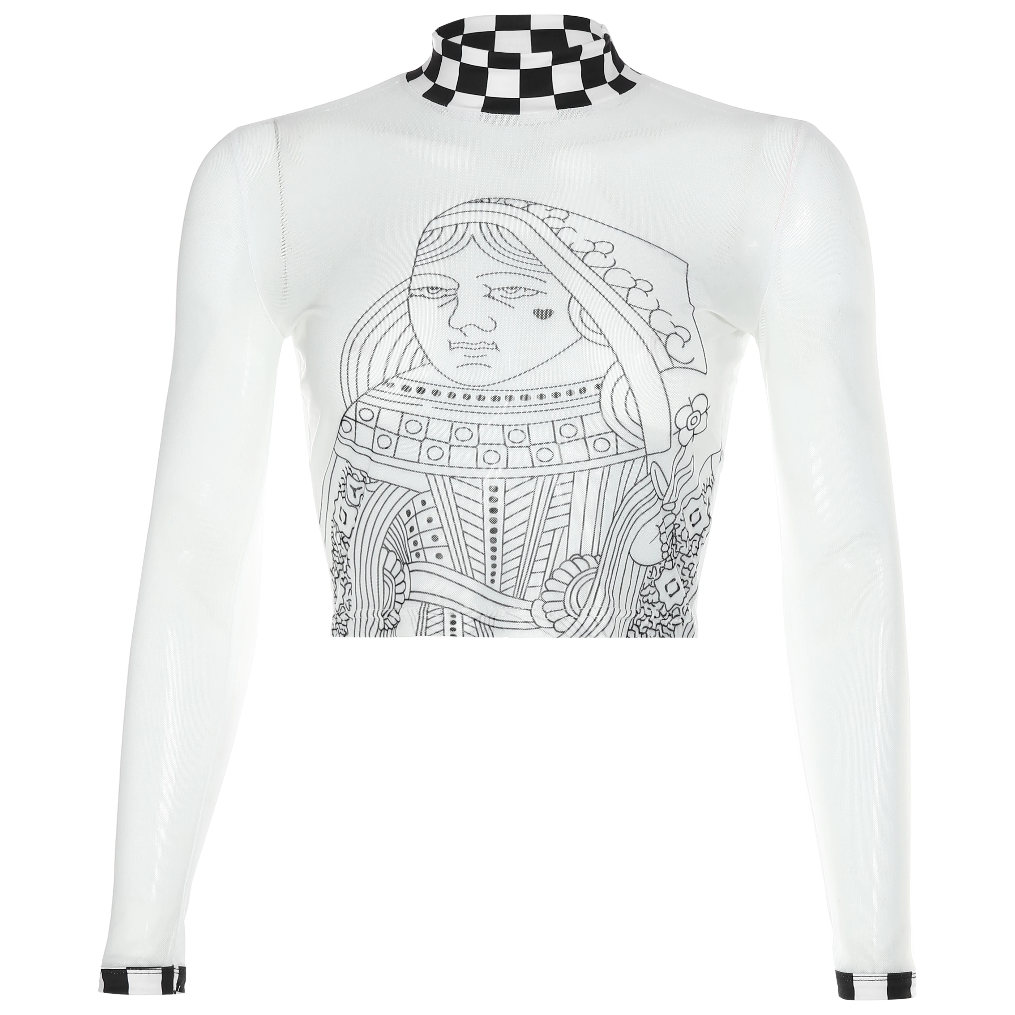

Weekeep Sexy Mesh Printed Long Sleeve t shirt Women Streetwear Plaid Patchwork Tee Shirt Femme White Stand Collar T-shirt Tops
