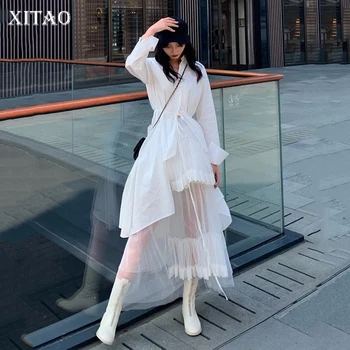 

XITAO White Irregular Dress Women Patchwork Lacing Collect Waist Fashion Elegant Sweet 2020 New Autumn Dress Goddess DZL1592