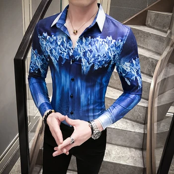 

2020 New Shirt For Male Fashion Blue Print Shirt Men Club Party Prom Shirt