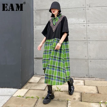 

[EAM] Women Green Plaid Asymmetrical Big Size Shirt Dress New Lapel Half Sleeve Loose Fit Fashion Spring Summer 2020 1S53401