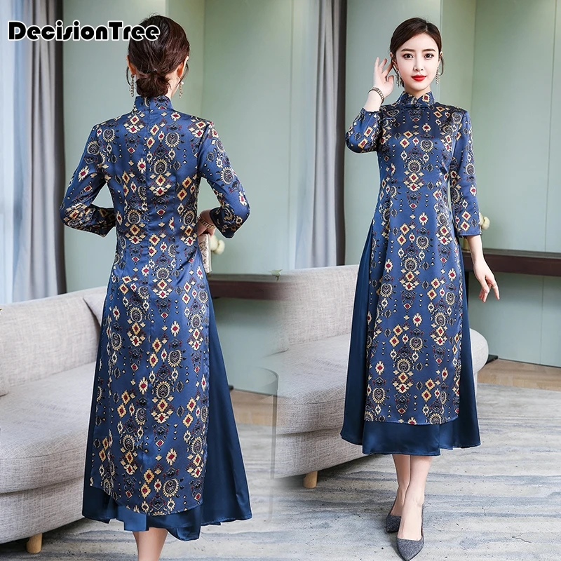 cheongsam современный аозай платье азиатская одежда аозай Вьетнам пятно платье qipao Женская сетчатая ткань; китайское платье-chinoise цветочный принт