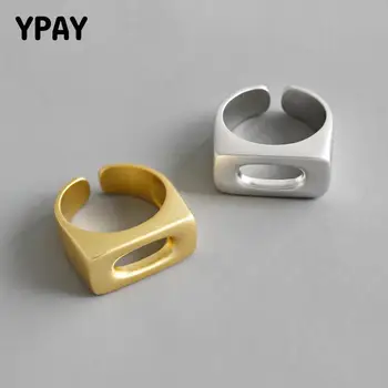 

YPAY 100% Authentic 925 Sterling Silver Adjustable Rings for Women Korea Geometric Rectangle Oval Hollow Open Ring Gifts YMR988