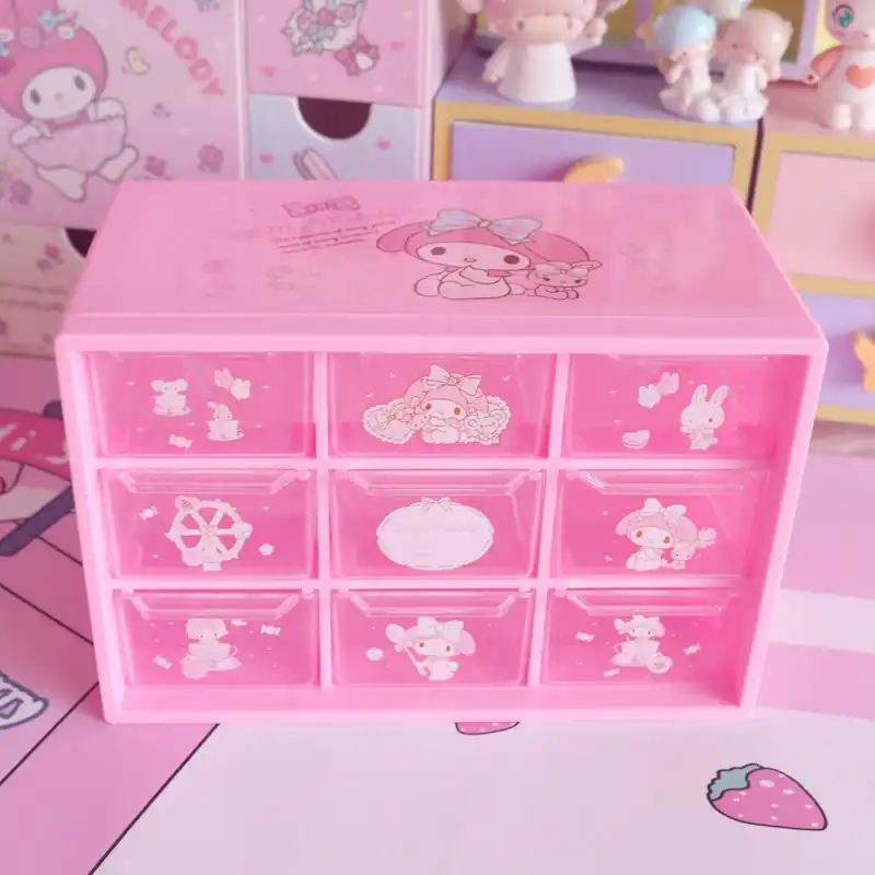 Cute 9 Grid Melody Desktop Drawer Container Pink Plastic Storage