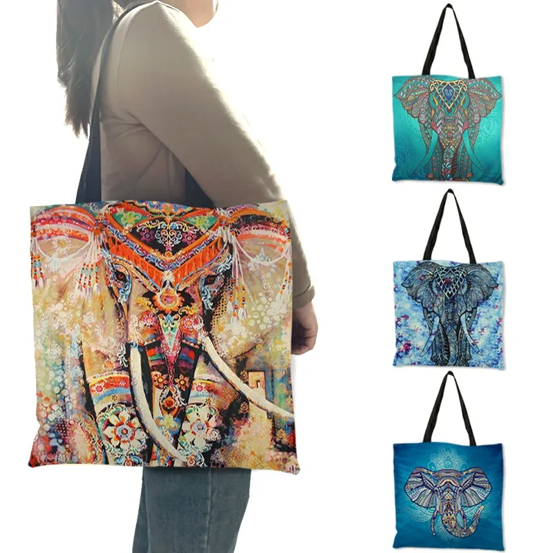 

Customized Elephant Mandala Print Linen Tote Bag for Women Fashion Reusable Shopping Bags Printed Traveling School Shoulder Bags