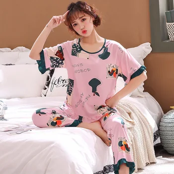

Cotton Silk Pajamas Women's Spring Summer Short-sleeved Trousers Pullover Printed Set Petal Sleeve Crew Neck Thin Pajamas