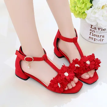 

Girls Sandals T-strap With Flowers Floral Kids Sandals Square Heels Soft Children Summer Shoes For Big Girl For Wedding Party