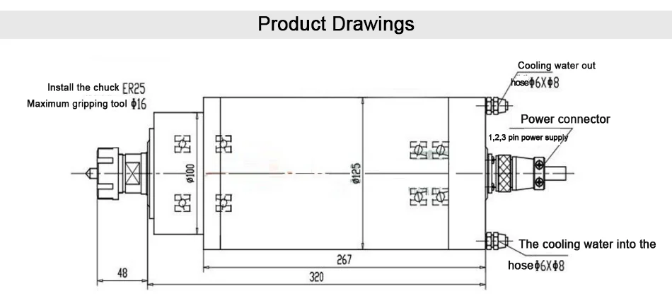 Водяное охлаждение шпинделя GDZ-125-4.5kw ER25 380v 8A 220v 12A 400 Гц 24000 об/мин