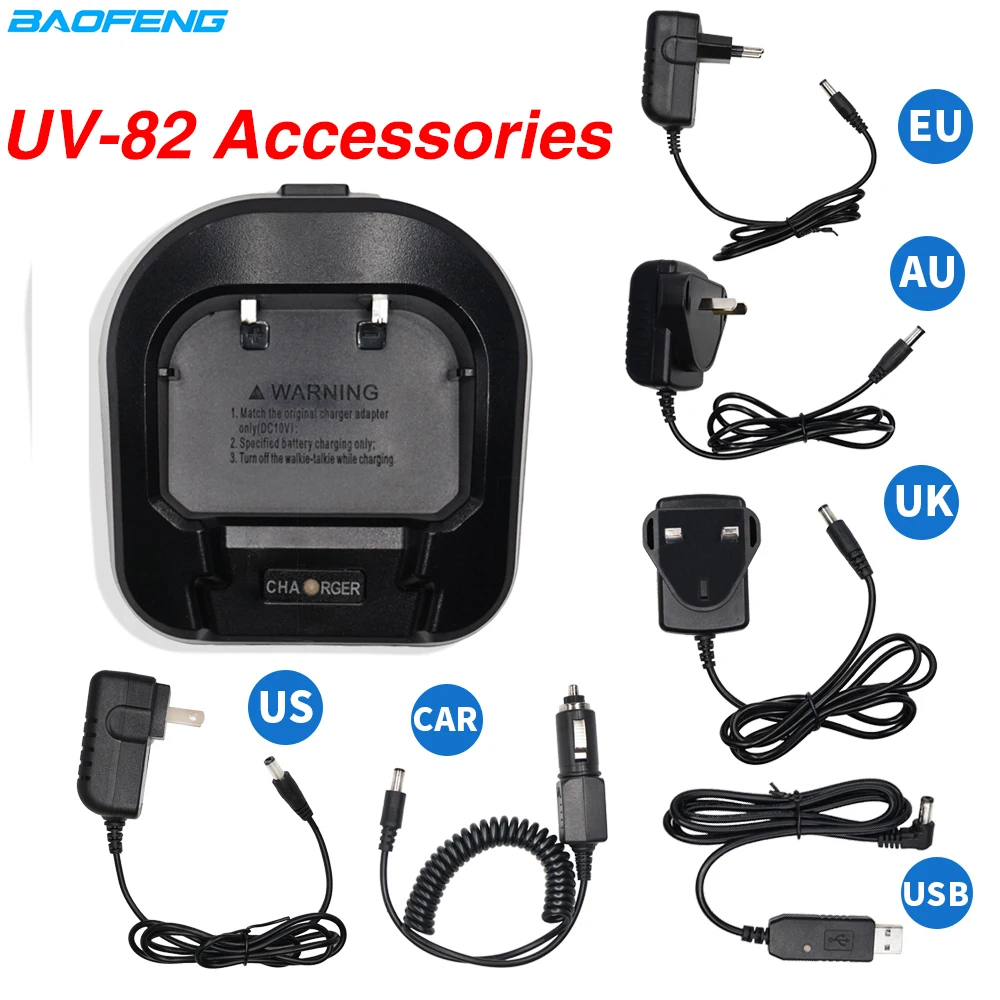 Baofeng-walkie-talkie UV-82 con enchufe europeo/estadounidense/británico/australiano, adaptador de cargador de 12V y 24V, Base para Baofeng UV 82, Radio bidireccional, accesorios UV82