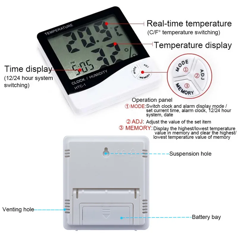 Цифровой термометр гигрометр электронный ЖК-измеритель температуры и влажности Метеостанция Крытый открытый Будильник HTC-2 HTC-1