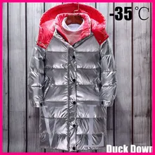Новая теплая зимняя куртка-пуховик на утином пуху для мальчиков и девочек-30 градусов, пальто Серебряная одежда детская утепленная длинная Водонепроницаемая парка с капюшоном