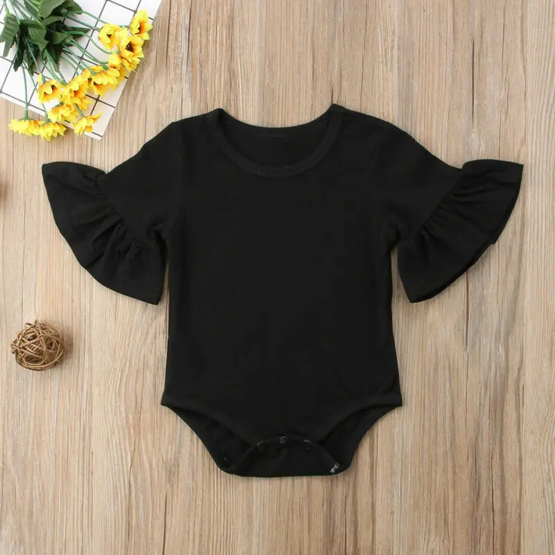 0-24M Newborn Baby Girl Flare Sleeve Solid Black White Grey Casual Romper Jumpsuit One-Piece Outfits Baby Cotton Clothes Suit