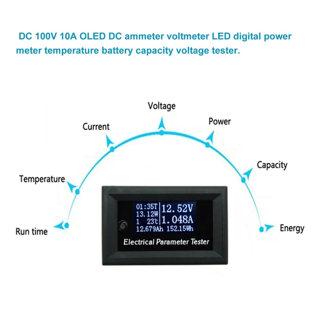 DC 100V 10A O светодиодный вольтметр постоянного тока Амперметр Многофункциональный светодиодный цифровой измеритель мощности высокотемпературная батарея Емкость тестер напряжения