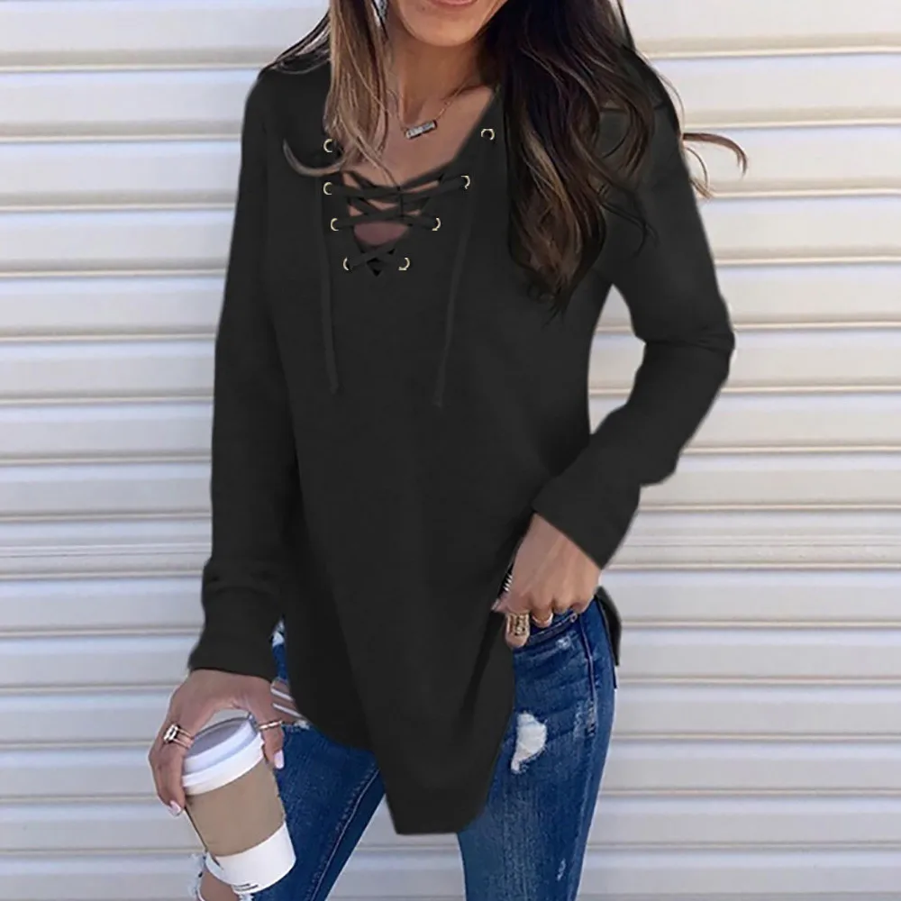 

2020 Hot Women's Shirts For Spring Female V Neck Strap Long Sleeve Oversize Fashion Tops Female Elegant Top Autumn Blouse