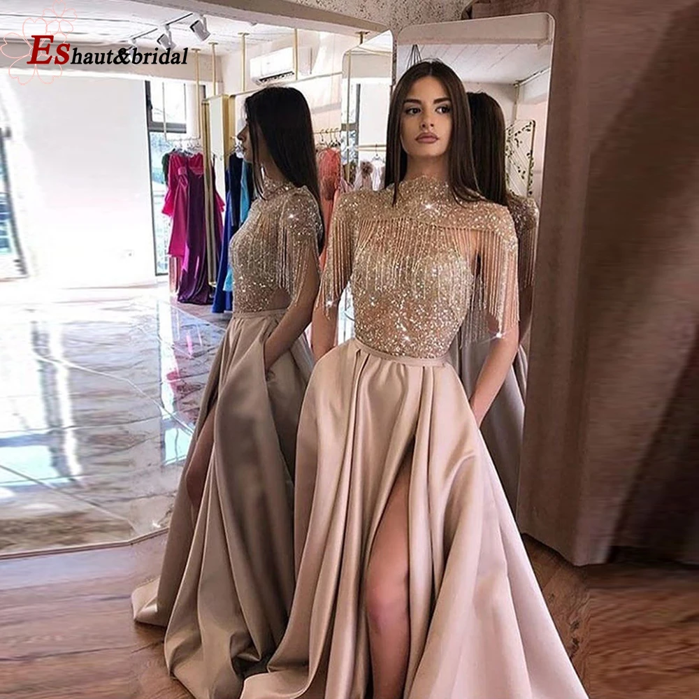 Dubai Arabisch Erröten Abend Nacht Kleider 2022 High Neck Side Split Perlen  Quaste Handgemachte Lange Formale Hochzeit Prom Party Kleider|Evening  Dresses| - AliExpress