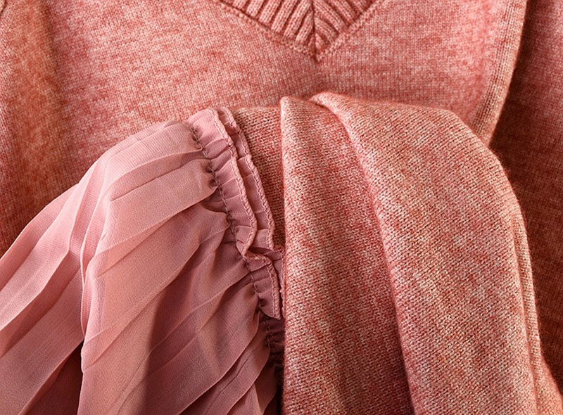 CHICEVER трикотажное розовое осеннее платье для женщин с v-образным вырезом и рукавами-фонариками с завышенной талией, свободные миди платья для женщин, мода
