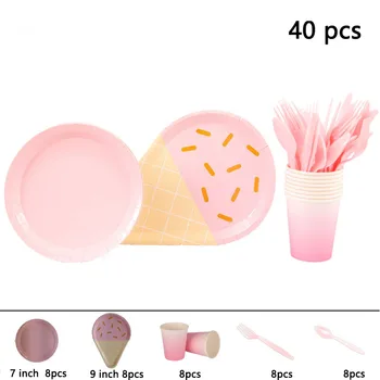

Ice Crem Theme Party Solid Color Disposable Tableware Paper Plates Cups Knives Forks Spoons For Kid's Birthday Party Supplies