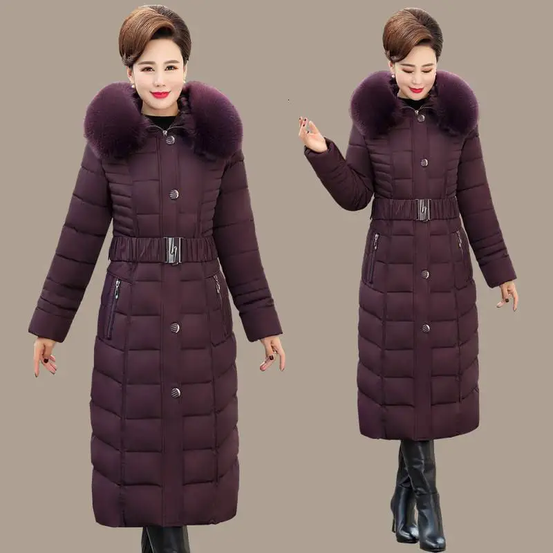 Purple Зима женское тонкое хлопковое стеганое длинное пальто с поясом размера плюс 5XL Женские утепленные ватные куртки парки среднего возраста Z27 - Цвет: Purple