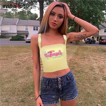 

InstaHot Letter Print Camisole Ladies Sleeveless Casual Party Club Sexy Streetwear Tops Summer Cropped Tops Women Camis 2020