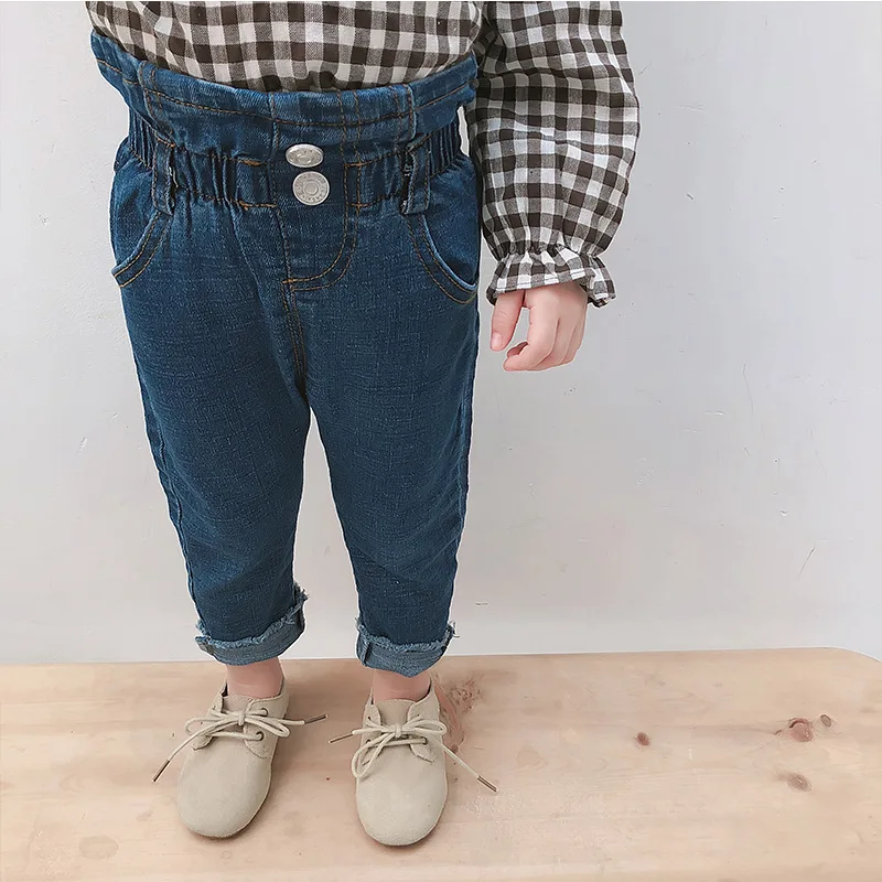 

A mu hou Crawler 2018 New Style Girls Baby High Waist Jeans Infants Solid Color Elastic Waist Cowboy Trousers