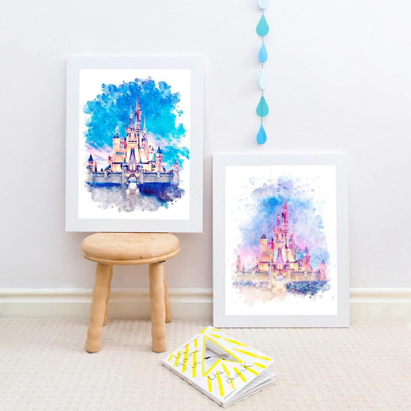 Canvas Painting Watercolor Castle Art Cinderella Nursery Wall Art Print  Cartoon Castle Kids Room Decor Birthday Party Decoration