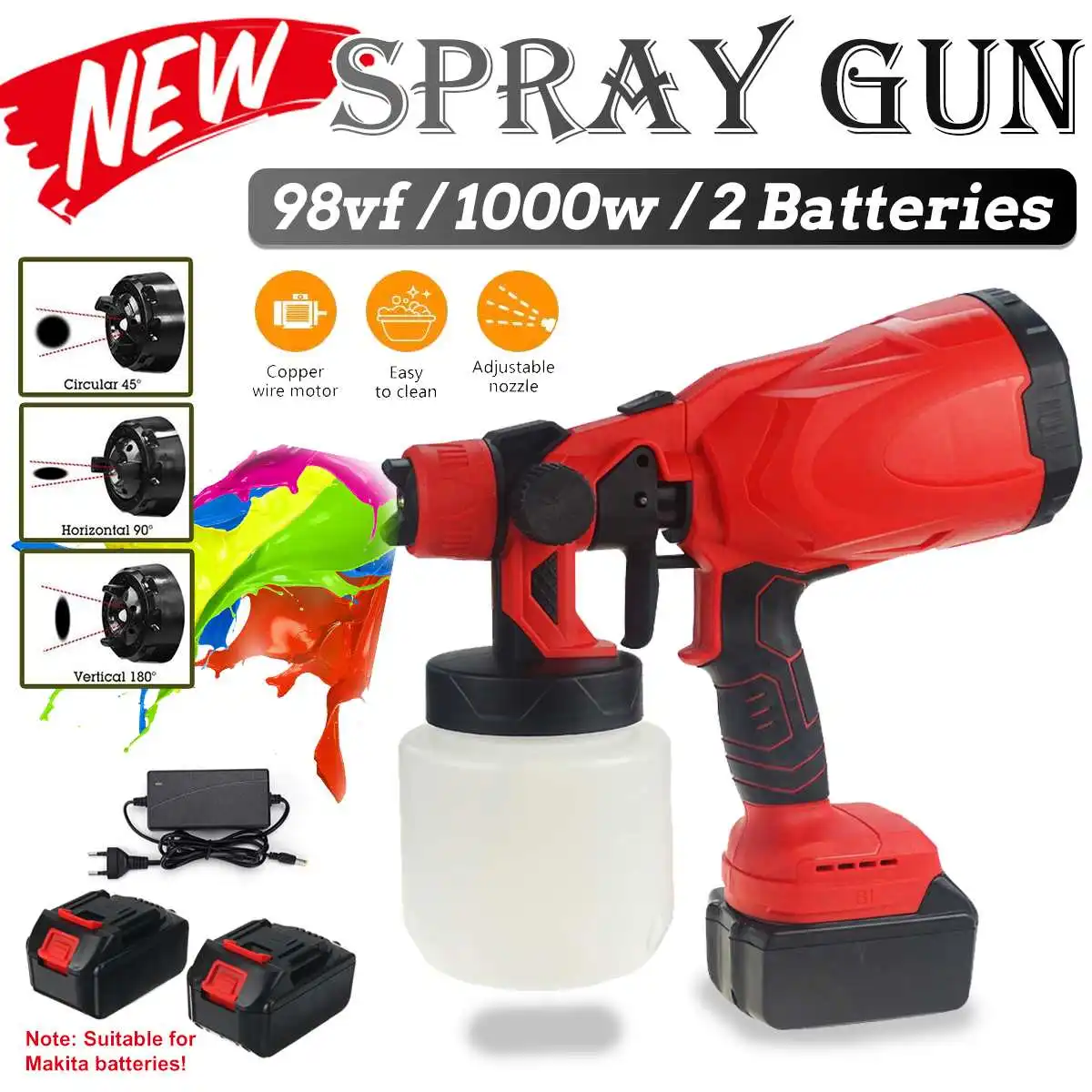 1000w 1000ML Cordless Electric Spray Gun with 1/2 Original Battery