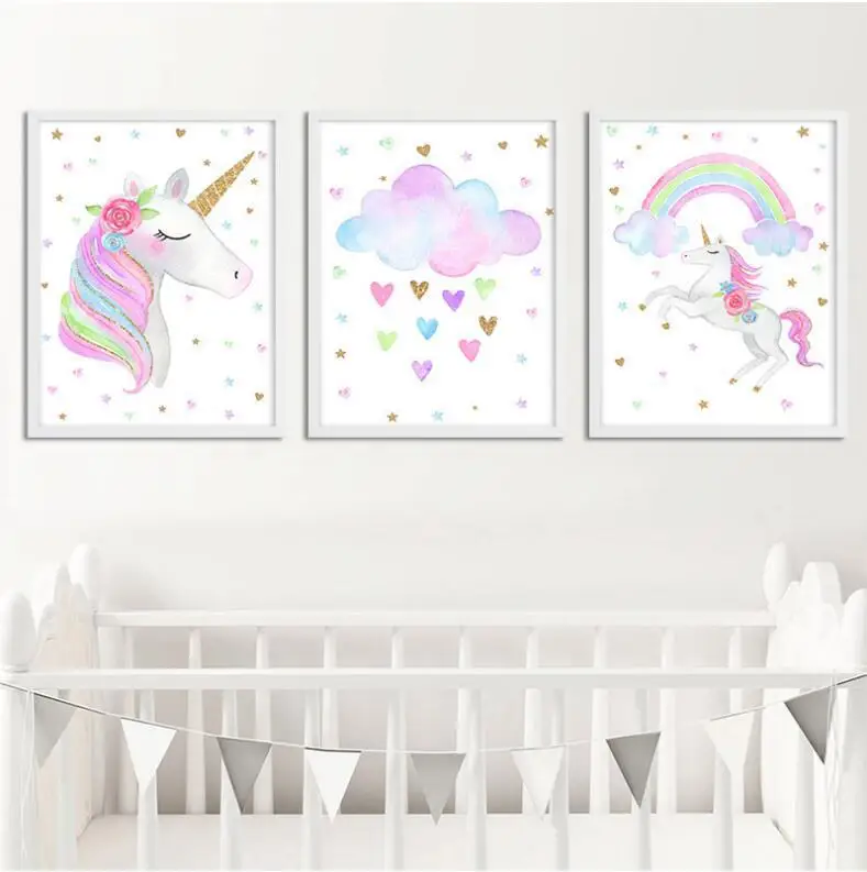 

Unicorn Canvas Painting Children's Room Cartoon Kindergarten Decorative Painting Wall Pictures for Living Room Farmhouse Decor
