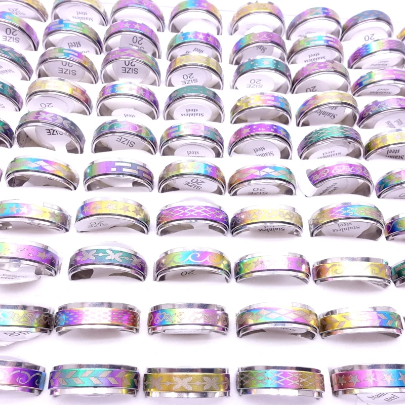 Wholesale 50pcs/Lot Mens Womens Multicolor Stainless Steel Spinner Rings Fashion Jewelry Variety of Patterns Size 17-21mm 5