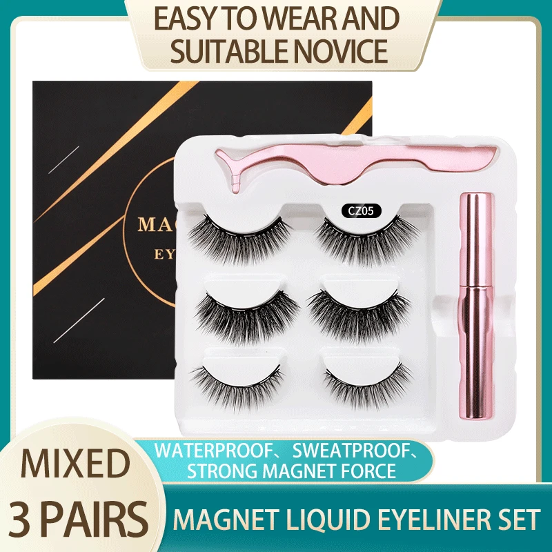 

Magnet False Eyelash Eyeliner Liquid Magnetic Faux Cils Mink Eyelash Set Tweezers+Eyeliner+3 Pairs Of Eyelashes Set Waterproof