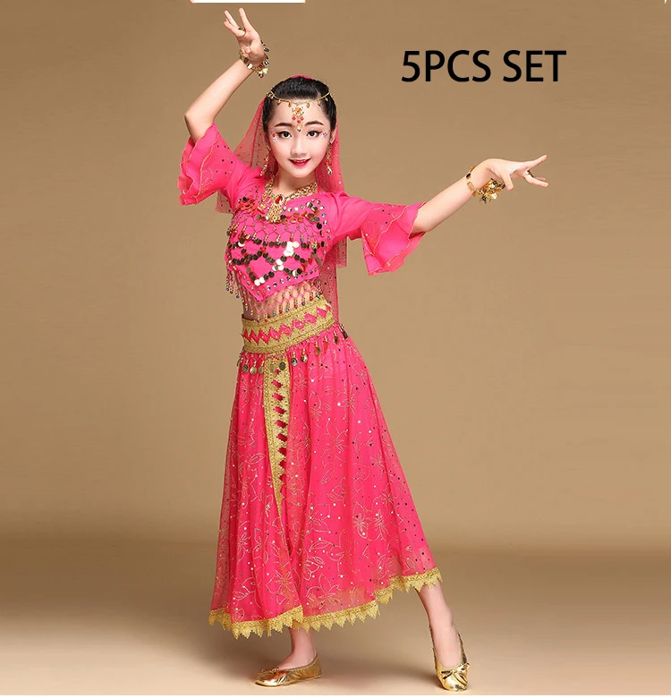 Костюм для танца живота для детей, Болливуд, платье для девочек, детский день, юбки для восточных танцев, индийские представления, 3 шт., 5 шт. в комплекте - Цвет: Rose Red 5PCS