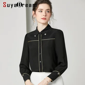 

SuyaDream Women Solid BLACK Blouses 100%Silk Crepe 2020 Spring Long Sleeved Turn Down Collar Office Blouse Shirt