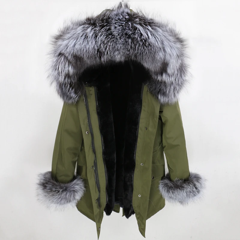 green silver black Новая водонепроницаемая парка зимняя куртка Для женщин пальто из натурального меха, сапоги на натуральном лисьем меховой капюшон, воротник манжеты Теплая верхняя одежда в уличном стиле - Цвет: green silver black