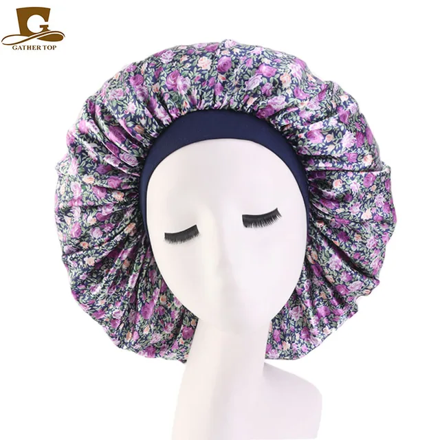 New Women Big Size Beauty print Satin Silky Bonnet Sleep Night Cap Head Cover Bonnet Hat for For Curly Springy Hair Black 408A Purple