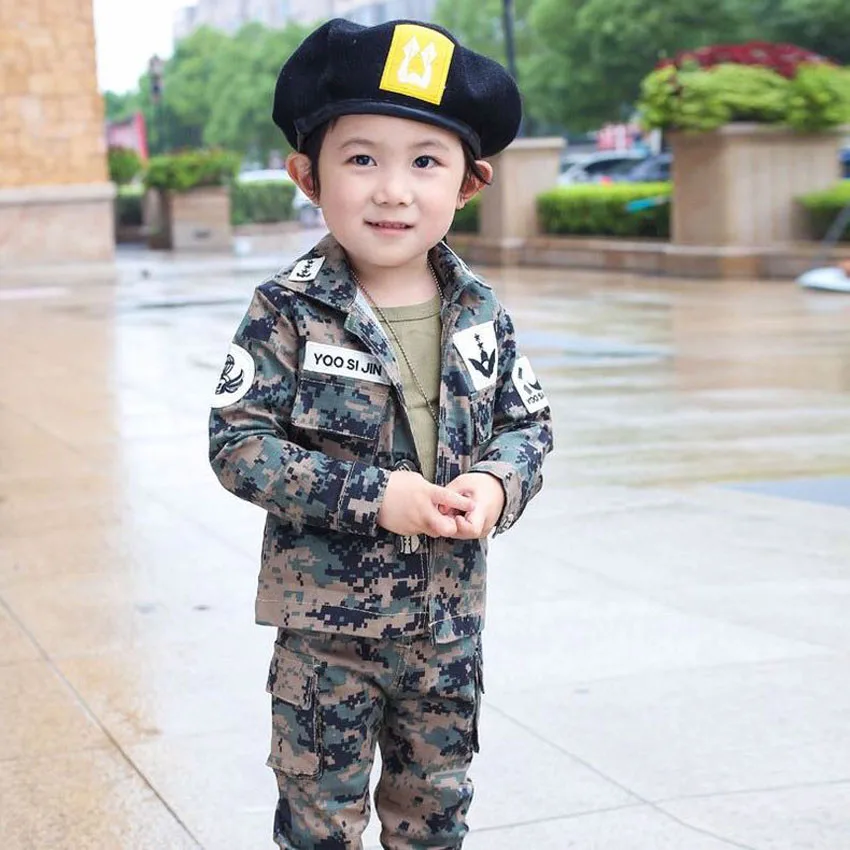 Детская камуфляжная военная форма, комплект одежды для мальчиков, 4 предмета, куртки для мальчиков-подростков, сон Джун Ки, косплей, вечерние, военные костюмы