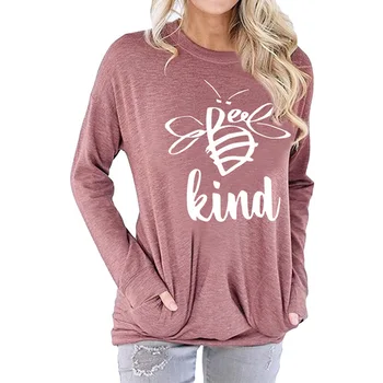 

Spring Autumn Female Harajuku Long Sleeve T-shirt Women Streetwear Bee Printed Pockets Tee Shirt O Neck Casual T-shirts Tops