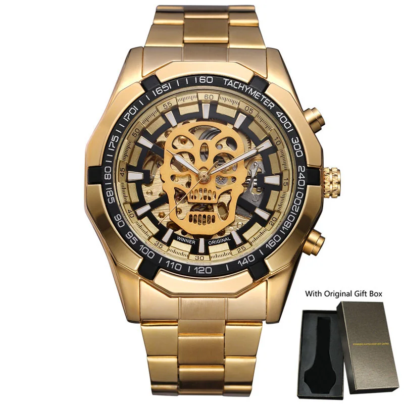 Gold Glod Black- Уникальный уход за кожей лица чехол часы в форме черепа автоматические механические мужские часы спортивные мужское в деловом стиле часы - Цвет: Gold Glod Black-
