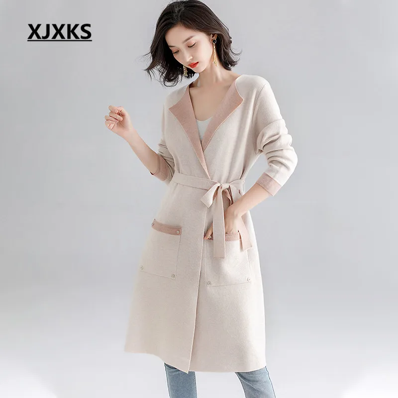 

XJXKS High-end cashmere knitted thin women woolen coat 2019 autumn winter new plus size fashion lapel women long cardigan coat