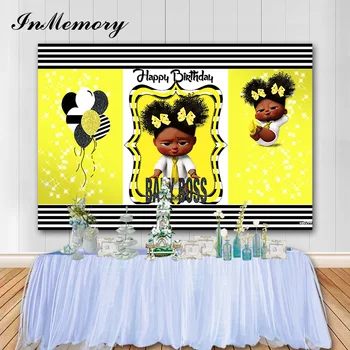 

InMemory Boss Baby Black Little Girl Birthday Party Photography Backdrop Yellow Black White Stripes Backgrounds For Photo Studio