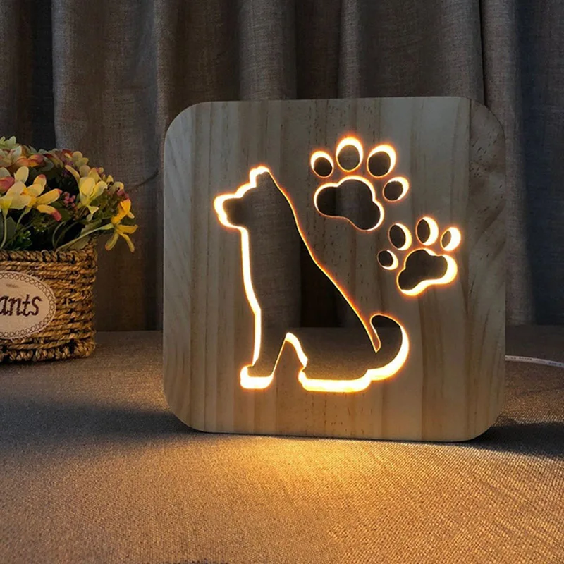 Деревянный светодиодный ночник в форме животных 3D USB заряжающаяся настольная лампа украшение для спальни JDH99 - Испускаемый цвет: Dog