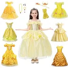 Рождественское платье принцессы; желтое платье Белль для девочек; маскарадные костюмы Белль; вечерние платья для маленьких девочек; милый подарок
