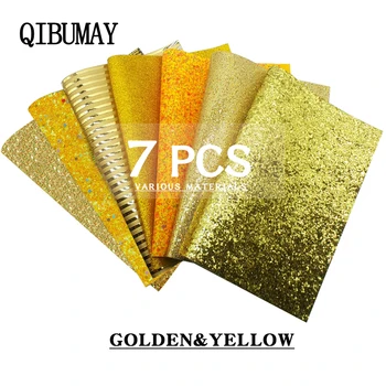 

QIBU 7pcs Wholesale Golden Faux Leather Sheets Chunky Glitter Fabric Multi Material for Bows DIY Hair Bow Accessories PU Leather